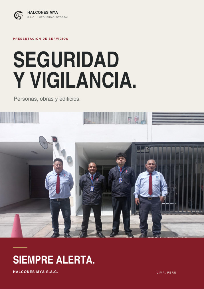 Portada del brochure Halcones MYA: Seguridad y vigilancia. Personas, obras y edificios.